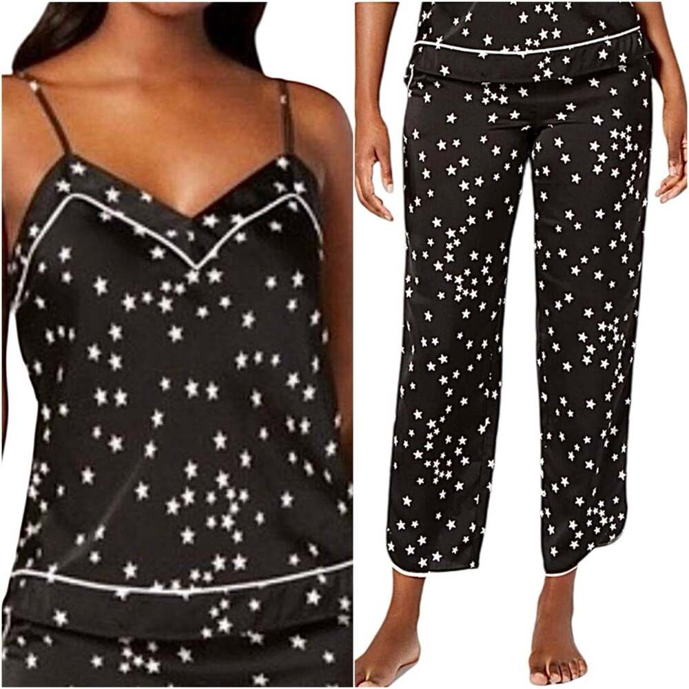 INC Starry Nights Celestial Stars Satin Pajama Cami Crop Pants 2PC Set M Medium